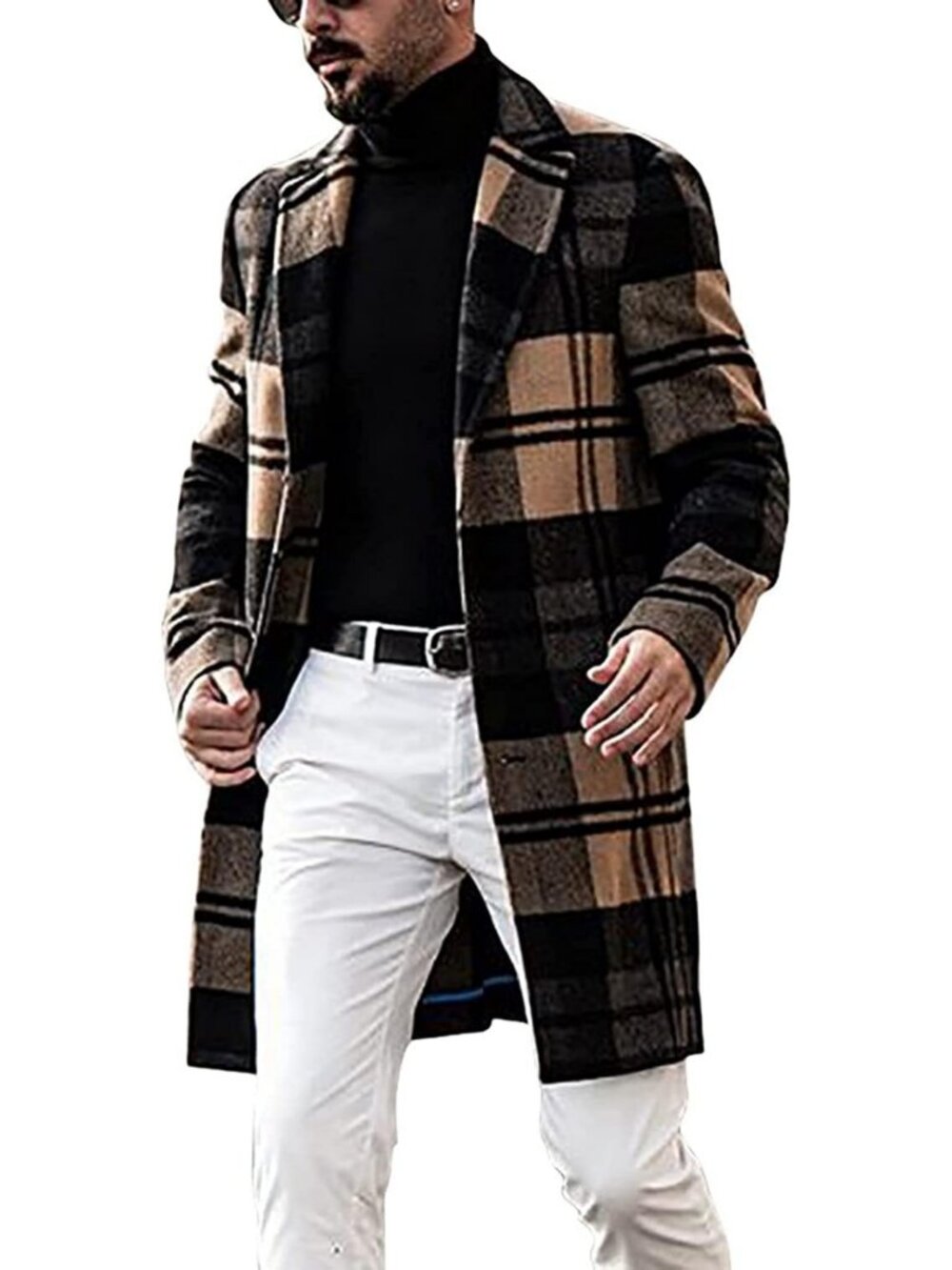 Men's Casual Plaid Wool Blend Trench Coat with Notched Collar - Stylish